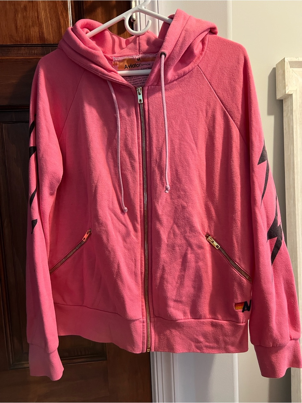 Aviator Nation Hot Pink Zip Hoodie with Black Sleeve Stars - M
